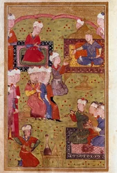 Arte islamica: banchetto alla presenza del Sultano con musicisti