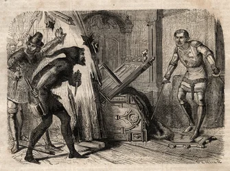 Jacob Van Artevelde (1290-1345) assassinato nel 1345 - Jacques (Jacob) Van Artevelde (1287-1345), noto come il Saggio di Gand, cade sotto i colpi dei borghesi di Gand nel 1345 - incisione nell