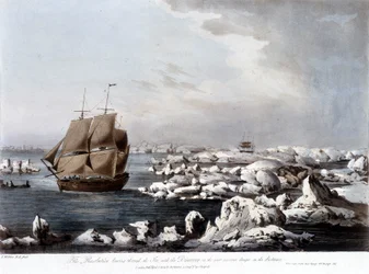 Viaggi di James Cook: la barca della Resolution in primo piano e la Discovery intrappolata nel ghiaccio sullo sfondo - in "Captain Cook last voyage", vol. III