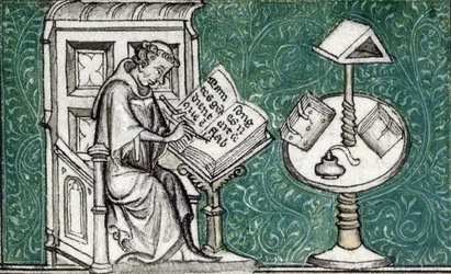 Jean de Meun che compone il Romanzo della Rosa, c.1380 (miniatura)