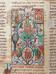 Albero di Jesse circonda simboli di verginità. La Vergine è designata con il nome bizantino di Theotokos. Miniatura tratta dal Lectiaire de Citeaux, XII secolo. Digione, Biblioteca Municipale