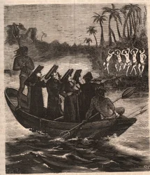 Missionari gesuiti arrivano in barca tra gli indiani Guarani in Paraguay nel 1553 - Incisione del 1879 in 