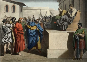 Gesù Cristo davanti a Ponzio Pilato (Ponzio Pilato). Incisione anonima della metà del XIX secolo.