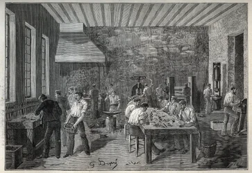 Gioielleria: fabbrica di gioielli in acciaio. Incisione del 1885 in "Les arts et metiers illustres" di Adolphe Bitard