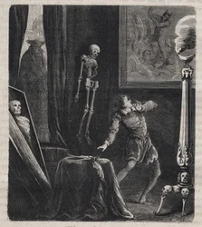 John Châtel (Chastel) (1575-1594), rinchiuso dai gesuiti nella camera delle meditazioni - prima del suo tentativo di assassinio del re Enrico IV di Francia il 27 dicembre 1594. Incisione del 1879 in “Histoire des sociétés secrètes, politiques et