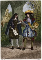 Jean-Baptiste Colbert (1619-1683) con Luigi XIV, Re di Francia e Navarra (1638-1715). Incisione del XIX secolo. Collezione privata