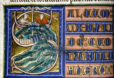 Giona viene gettato in mare e divorato da un enorme pesce. Manoscritto del XIV secolo. Biblioteca Comunale di Vercelli.