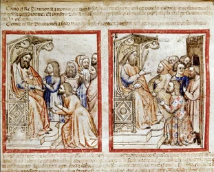 Giuseppe e i suoi fratelli si rivolgono al Faraone (Miniatura dal codice 212 o Bibbia di Padova)