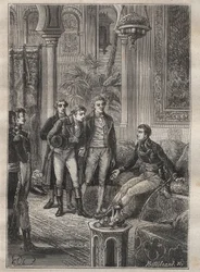 Viaggio (1798) di Frederic Conrad (Konrad) Hornemann (1772-1801) a Fezzan (Libia): Hornemann è accolto da Bonaparte al Cairo (Egitto) - illustrazione da "I grandi marinai del XVIII secolo"