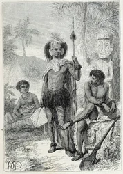Viaggio del Capitano James Cook (1728-1779): indigeni delle Isole Marchesi - illustrazione tratta da "I grandi marinai del XVIII secolo"