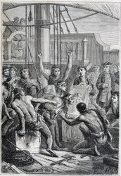 Viaggio di Samuel Wallis (1728-1795) in Polinesia: indigeni stupiti da uno specchio - illustrazione tratta da “I grandi marinai del XVIII secolo”