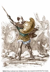 Giulio Cesare che raduna le sue truppe in una battaglia contro i Nervi - incisione