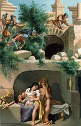 Julius Sabinus (Galli del popolo dei Lingoni) e sua moglie Eponine rimangono nascosti per nove anni con i loro figli in un sotterraneo e poi scoperti, vengono portati a Roma insieme ai loro due figli gemelli. Cromolitografia tarda del XIX secolo