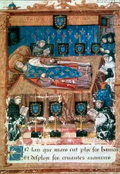 Re Carlo VIII (1470-1498) sul letto di morte 8/04/1498 Miniatura tratta da una traduzione delle "Eroidi" di Ovidio di Octavien de Saint Gelais (1468-1502) XV secolo Parigi, B.N.