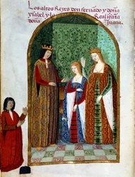 Re Ferdinando II, Re di Aragona e Sicilia (1452 - 1516), Giovanna, Regina di Castiglia (1479 - 1555) e Isabella I di Castiglia (nota come la Cattolica), Regina di Spagna (1451 - 1504). Miniatura nel 