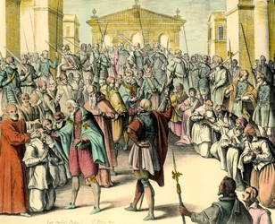 Re Enrico IV (1553-1610) tocca la fronte di una persona malata. Il re è taumaturgo, ha il potere di guarire le scrofole pronunciando questa formula. Incisione da un disegno di André du Laurens (1558-1609), medico del Re Enrico IV