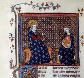 Re Luigi IX (1214-1270) insegna al maestro del re a suo figlio, futuro Filippo III Miniatura da un manoscritto del XIV secolo. Chantilly, Museo Condé