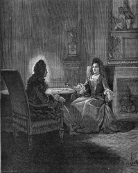 Re Luigi XIV (1638-1715) parla con la sua futura moglie, Madame de Maintenon (Françoise d