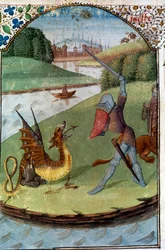 Cavalieri della Tavola Rotonda: «Lancillotto combatte contro il drago». Miniatura manoscritta «Il romanzo di Lancillotto del Lago»