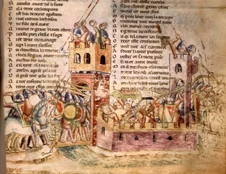 Cavalieri assaltano un castello. Manoscritto del XII secolo. Bibl. Marciana Venezia.