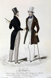 La Moda del 26 luglio 1834: (moda maschile) abito a foglio - pantaloni casimir - Redingote con colletto di velluto - gilet di piqué - pantaloni in pelle di talpa e cilindro