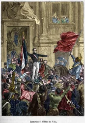 Lamartine (1790 - 1869), rifiutando la bandiera rossa per la bandiera tricolore, al Municipio. Parigi, 26 febbraio 1848. Collezione Bianchetti.