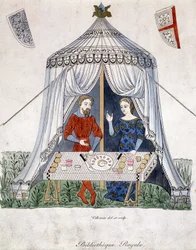 Lancillotto e Ginevra che mangiano sotto una tenda, estratto da "Lancillotto del lago", da un documento del 1370