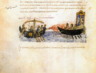 Il fuoco greco - La flotta bizantina utilizza il fuoco greco contro un esercito ribelle - Miniatura tratta da Synopsis historiarum o Cronache bizantine