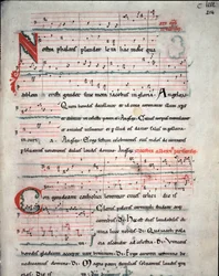 Foglio di una guida per pellegrini con testi di canti del pellegrinaggio a Santiago de Compostela (Santiago de Compostella), fol. 214 r. Da un manoscritto del XIII secolo. Archivio della Cattedrale di Santiago de Compostela (Santiago de Compostela), Spagna