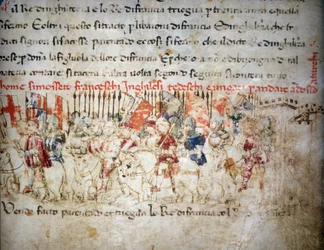 Lega di francesi, inglesi, tedeschi e ungheresi contro i turchi nel 1391 - nelle «Croniche del Sercambi», 1400 circa. Archivio di Stato, Lucca.