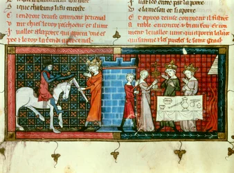Perceval che riceve una spada dal Re Pescheor. Processione del Santo Graal