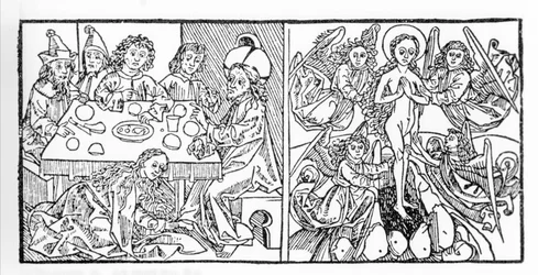A sinistra: Santa Maria Maddalena asciuga i piedi di Gesù con i suoi capelli. A destra: Santa Maria Maddalena ascende al Cielo. Manoscritto del 1488 stampato a Norimberga. Incisione da 