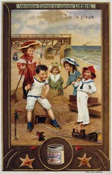 Carta Leibig che raffigura bambini francesi sulla spiaggia 1890