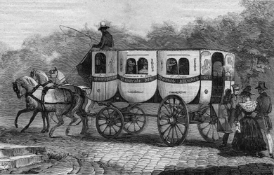 Gli Omnibus di Parigi nel XIX secolo: la dame blanche - Incisione del 1892