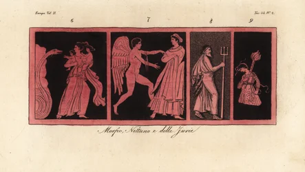 Leto con i suoi figli Apollo e Artemide, una delle Grazie, Nettuno e una delle Furie
