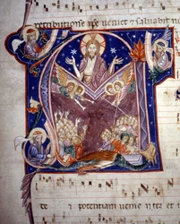 Lettera "m" rappresentante il Giudizio Universale. Miniatura