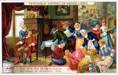 Cromolitografia Liebig sulla vita di Rembrandt (1606 - 1669), pittore olandese. Questo è il periodo delle difficoltà di Rembrandt nel 1656.