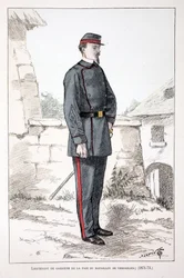 Tenente dei Guardiani della Pace del Battaglione di Versailles (1871-1873). Acquaforte a colori, per illustrazione “Histoire du corps des gardiens de la paix” libro pubblicato sotto gli auspici di Louis Lepine (1846-1933) prefetto di polizia della Senna, d