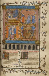 Vita di Giulio Cesare: quattro miniature che mostrano la sua nascita, divorzio, pontificato e lotta con Pompeo; testo con iniziali decorate e bordo con uccelli e grottesche.