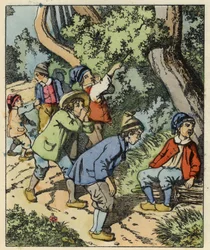 Pollicino e i suoi fratelli persi nella foresta abbandonati dai loro genitori. Illustrazione della fiaba "Pollicino" di Charles Perrault