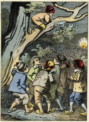 Pollicino sale su un albero e cerca la sua strada. Sta raccogliendo una luce nella foresta. Illustrazione della fiaba "Pollicino" di Charles Perrault