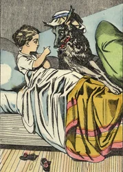 Cappuccetto Rosso chiede al lupo: «Nonna, perché hai denti così grandi?» Illustrazione della fiaba «Cappuccetto Rosso» di Charles Perrault