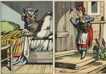 Cappuccetto Rosso bussa alla porta della nonna. Illustrazione della fiaba "Cappuccetto Rosso" di Charles Perrault