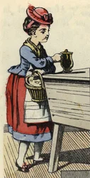 Cappuccetto Rosso mette il cibo per la nonna sulla huche. Illustrazione della fiaba "Cappuccetto Rosso" di Charles Perrault