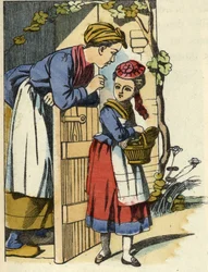 La madre di Cappuccetto Rosso le dà le ultime raccomandazioni per andare a casa della nonna. Illustrazione della fiaba "Cappuccetto Rosso" di Charles Perrault