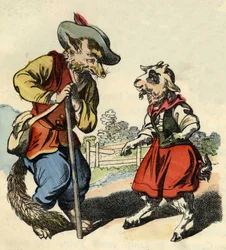 Il capretto parla con Maestro Volpe. Illustrazione del racconto "Bon Médor e il piccolo capretto". In "Racconti dalla casa per i piccoli". Incisione anonima del XIX secolo