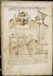 Sistema di elevazione del carico per il cantiere - Manoscritto: foglio di pergamena di un manuale di ingegneria per la costruzione di edifici civili, religiosi e militari, anonimo, fine XV secolo (figura in inchiostro cinese)