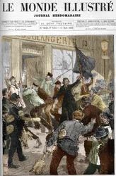 Louise Michel (1833-1905), rivoluzionaria francese, sventola una bandiera nera con la scritta 