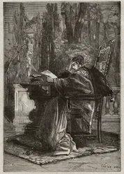 Lucrezia Borgia (1480-1519) morente davanti a Leone X (1475-1521) - incisione da "Lucrezia Borgia" di Oscar Pio - 1883