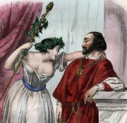 Lucrezia Borgia (1480-1519) con suo fratello Cesare Borgia. Incisione del 1842 in "Histoire des popes: crimes, murders, poisonings, parricides, adulteres, incest..." di Maurice Lachatre. Collezione privata.